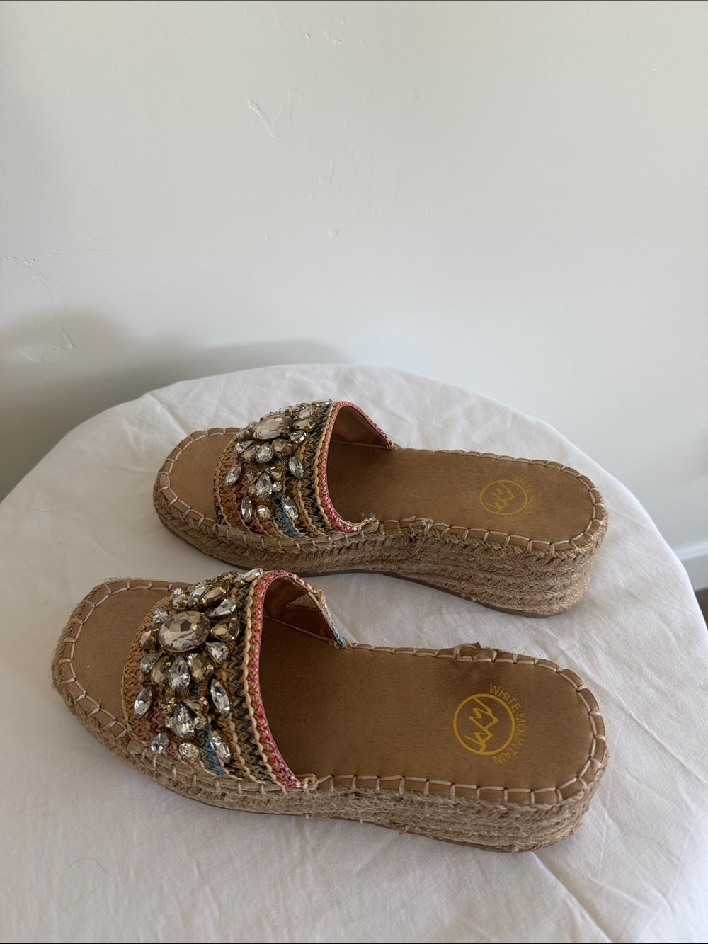203.  White Mountain Espadrille Slide Sandals - Tan with Crystal Accents